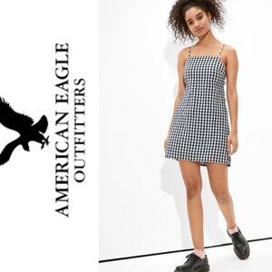 NWOT AE Gingham tie back mini dress in navy + white